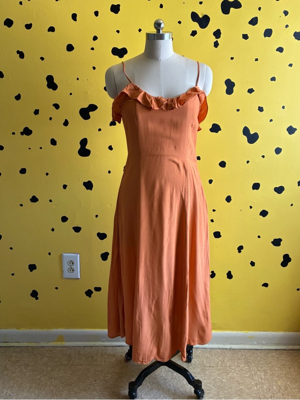 Orange Ruffle Strap Midi Dress Open Back Flowy Vacation Size 8 Terracotta
